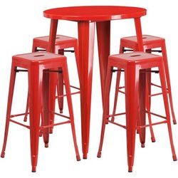 Flash Furniture CH-51090BH-4-30SQST-RED-GG 30" Square Bar Height Table w/ (4) Bar Stool Set - Red Steel Top, Steel Base