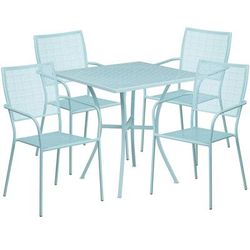 Flash Furniture CO-28SQ-02CHR4-SKY-GG 28" Square Patio Table & 4 Square Back Arm Chair Set - Steel, Sky Blue