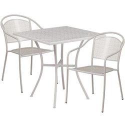 Flash Furniture CO-28SQ-03CHR2-SIL-GG 28" Square Patio Table & 2 Round Back Arm Chair Set - Steel, Light Gray