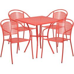 Flash Furniture CO-28SQ-03CHR4-RED-GG 28" Square Patio Table & 4 Round Back Arm Chair Set - Steel, Coral