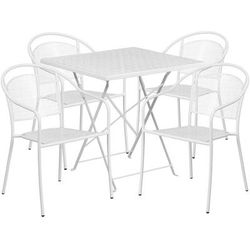 Flash Furniture CO-28SQF-03CHR4-WH-GG 28" Square Folding Patio Table & 4 Round Back Arm Chair Set - Steel, White