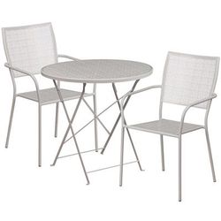 Flash Furniture CO-30RDF-02CHR2-SIL-GG 30" Round Folding Patio Table & 2 Square Back Arm Chair Set - Steel, Light Gray