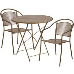 Flash Furniture CO-30RDF-03CHR2-GD-GG 30" Round Folding Patio Table & 2 Round Back Arm Chair Set - Steel, Gold