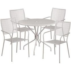 Flash Furniture CO-35RD-02CHR4-SIL-GG 35 1/4" Round Patio Table & 4 Square Back Arm Chair Set - Steel, Light Gray