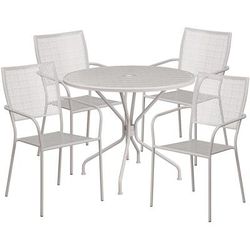 Flash Furniture CO-35RD-02CHR4-SIL-GG 35 1/4" Round Patio Table & (4) Square Back Arm Chair Set - Steel, Light Gray