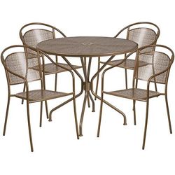 Flash Furniture CO-35RD-03CHR4-GD-GG 35 1/4" Round Patio Table & (4) Round Back Arm Chair Set - Steel, Gold