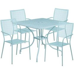 Flash Furniture CO-35SQ-02CHR4-SKY-GG 35 1/4" Square Patio Table & 4 Square Back Arm Chair Set - Steel, Sky Blue