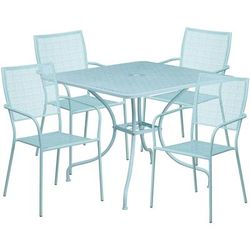 Flash Furniture CO-35SQ-02CHR4-SKY-GG 35 1/4" Square Patio Table & (4) Square Back Arm Chair Set - Steel, Sky Blue