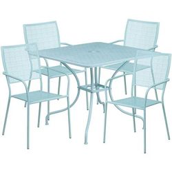 Flash Furniture CO-35SQ-02CHR4-SKY-GG 35 1/4" Square Patio Table & 4 Square Back Arm Chair Set - Steel, Sky Blue