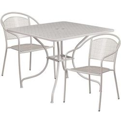 Flash Furniture CO-35SQ-03CHR2-SIL-GG 35 1/4" Square Patio Table & 2 Round Back Arm Chair Set - Steel, Light Gray