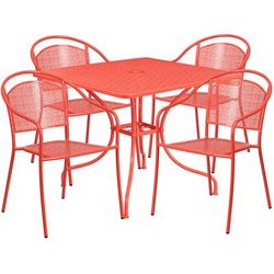 Flash Furniture CO-35SQ-03CHR4-RED-GG 35 1/4" Square Patio Table & (4) Round Back Arm Chair Set - Steel, Coral