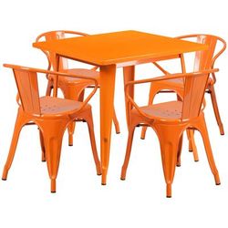 Flash Furniture ET-CT002-4-70-OR-GG 31 1/2" Square Table & 4 Arm Chair Set - Steel, Orange