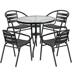 Flash Furniture TLH-072RD-017CBK4-GG 31 1/2" Round Patio Table & 4 Arm Chair Set - Glass Top, Black Metal Base