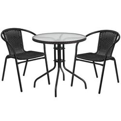 Flash Furniture TLH-087RD-037BK2-GG 28" Round Patio Table & 2 Black Rattan Arm Chair Set - Glass Top, Black Metal Base