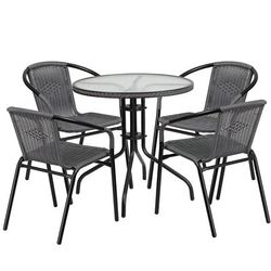 Flash Furniture TLH-087RD-037GY4-GG 28" Round Patio Table & 4 Gray Rattan Arm Chair Set - Glass Top, Black Metal Base