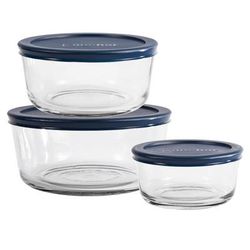 Anchor Hocking 92001L20 6 Piece Round Glass Food Storage Container Set w/ Blue Lids, Clear