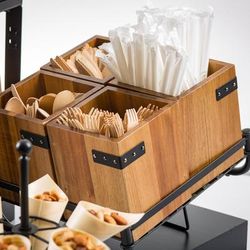 Tablecraft 10074 Cutlery Holder - 5 1/4"L x 5 1/4"W x 6"H, Acacia Wood/Metal, Brown