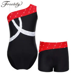 Combinaison de gymnastique pour filles sans manches épaules obliques avec Boxer Shorts strass