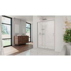 Dreamline DreamLine Infinity-Z 36 inch D x 48 inch W x 76 3/4 inch H Semi-Frameless Sliding Shower Door in Brushed Nickel and Clear Glass, Shower Base, and Wall Kit in White DL-6107C-04CL