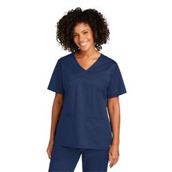 Wonderwink WW4760 Women's WorkFlex Mock Wrap Top in Navy Blue size Small | 65/35 polyester/cotton