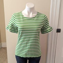 J. Crew Tops | J. Crew Green And White Ruffle Sleeve Top Size Small | Color: Green/White | Size: S