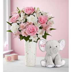 1-800-Flowers Everyday Gift Delivery New Baby Girl Bouquet Cherished Blooms W/ Vase & Elephant Plush