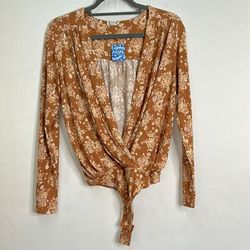 Free People Tops | Free People Intimately Floral Faux Wrap Long Sleeve Deep V Plunge Bodysuit Nwt | Color: Cream/Orange | Size: S