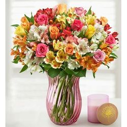 1-800-Flowers Flower Delivery Assorted Roses & Peruvian Lilies Double Bouquet W/ Pink Vase & Candle