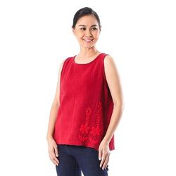 Flirty Bloom in Crimson,'Floral Embroidered Cotton Tank Top in Crimson from Thailand'