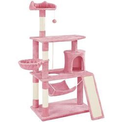 Pink 3-Level Cat Tree Condo, 63.5" H, 34.5 LB, Pink / Natural Wood