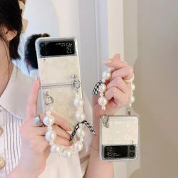 For Samsung Galaxy Z Flip 3 case with pearl bracelet for Samsung Z Flip 4 Flip4 laser love cardboard transparent protective cove