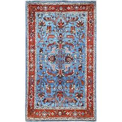 Shahbanu Rugs Cerulean Blue Afghan Peshawar with Serapi Heriz Design Dense Weave Veggie Dyes Wool Hand Knotted Rug (2'10"x4'9")