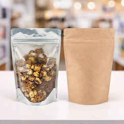 Kraft & Silver with Clear Front Zip Reseal Gusset Pouch Bags Great for Trail Mix Size: 5 7/8" x 3 1/2" x 9 1/8" 100 Bags Pouches