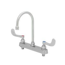 T&S S-1142-04 Deck Mount Faucet - 6" Swivel Gooseneck Spout, 8" Centers, Wrist Action Handles, Stainless Steel