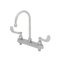 T&S S-1142-04 Deck Mount Faucet - 6" Swivel Gooseneck Spout, 8" Centers, Wrist Action Handles, Stainless Steel