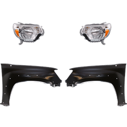 2013 Toyota Tacoma 4-Piece Kit Driver and Passenger Side Headlights with Fenders, with Bulbs, Halogen, Type 1, CAPA Certified