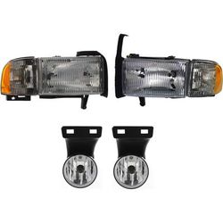 2002 Dodge Ram 1500 4-Piece Kit Driver and Passenger Side Headlights with Fog Lights, with Bulbs, Halogen