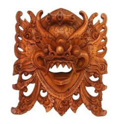 'Hand-Carved Acacia Wood Wall Mask of Barong from Bali'