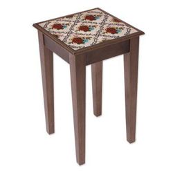 Red Flowers,'Red Floral Reverse-Painted Glass Accent Table from Peru'