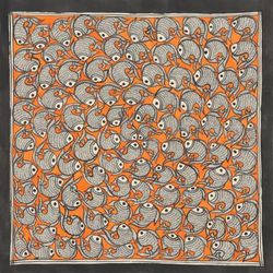 Fish Tale II,'Signed Madhubani Painting of Fish over Orange Background'