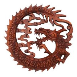 Dragon in the Air,'Hand Carved Balinese Dragon Suar Wood Wall Relief Panel'