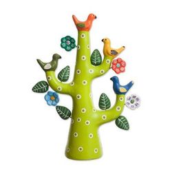 'Hand-Painted Ceramic Dove Tree Sculpture in Green from Peru'