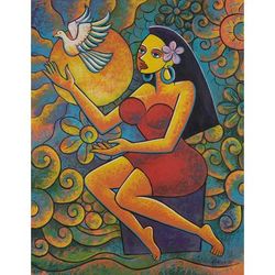 Niluh Sekarwangi,'Signed Unstretched Expressionist Acrylic Painting of Woman'