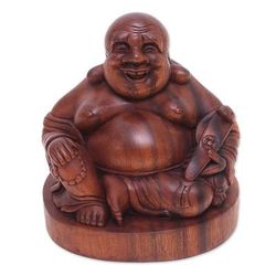 Wood statuette, 'Jovial Buddha' - Original Wood Sculpture