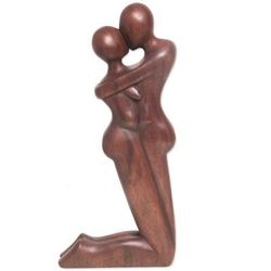 Kneeling Embrace,'Hand Carved Romantic Suar Wood Statuette from Bali'