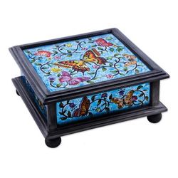 Blue Winter Butterflies,'Reverse Painted Glass Blue Decorative Box with Butterflies'
