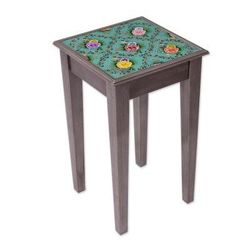 Roses of Spring,'Floral Reverse-Painted Glass Accent Table from Peru'