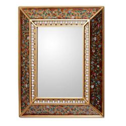 Cedar mirror, 'Flowers on Gold' - Hand Crafted Floral Glass Mirror