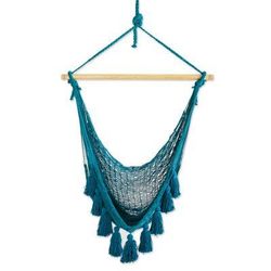 Ocean Seat in Turquoise,'Tasseled Cotton Rope Mayan Hammock Swing in Teal from Mexico'