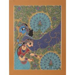 Peaceful Love of Radha Krishna,'World Peace Project Madhubani Style Painting from India'